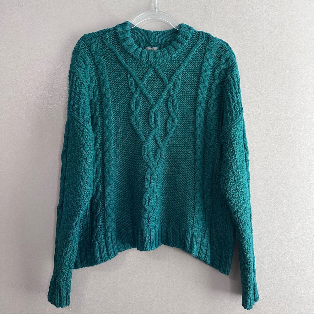 Aerie Linden Emerald Green Cable Knit Crewneck Pullover Sweater Womens Small
